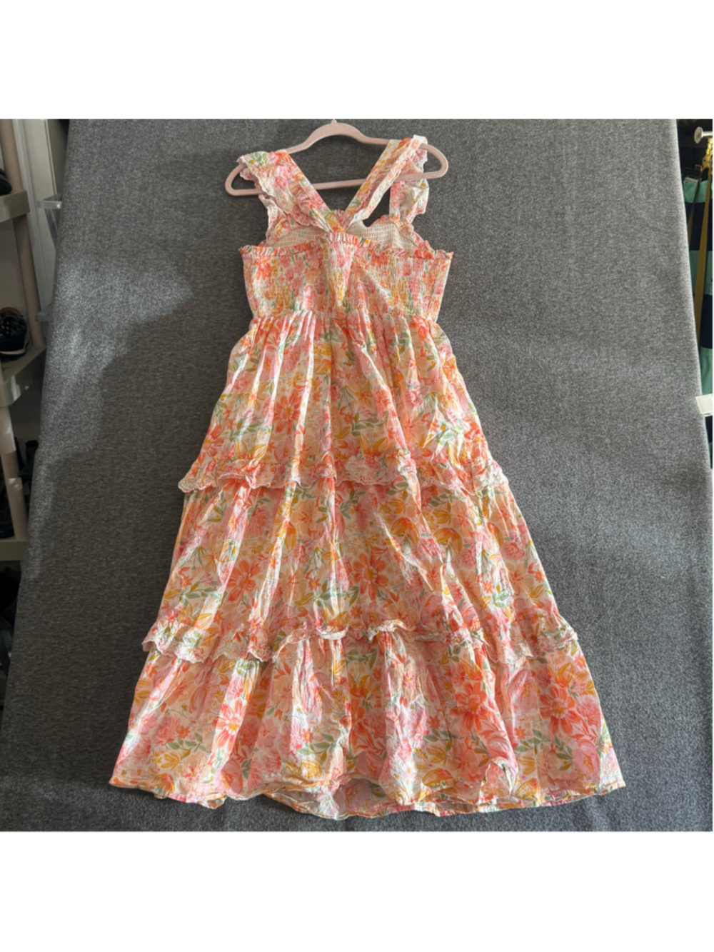 Haute Hippie Size 12 Floral Tiered Maxi Dress Smocked Boho Cottagecore Lace - Picture 6 of 9